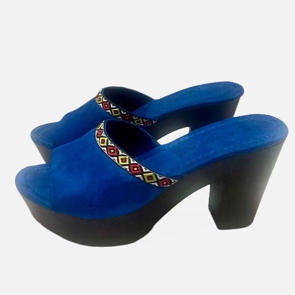 Sandra Faux Suede Platform 4” Heels Women’s Sz 8 Blue Open Toe Embroidered Boho - Picture 1 of 11